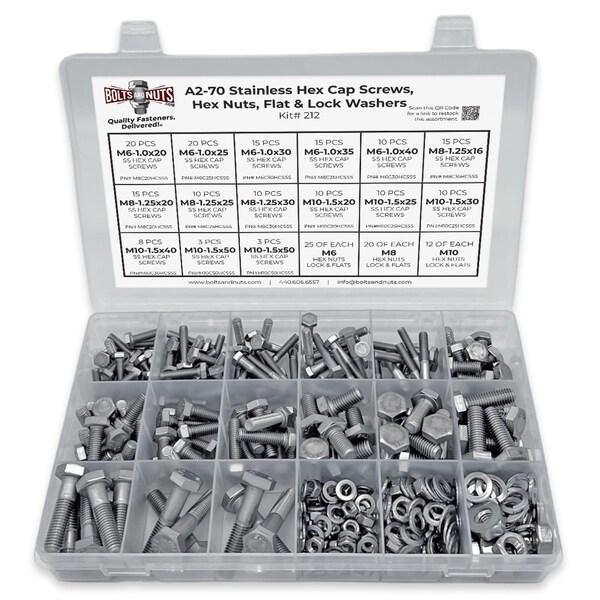 Boltsandnuts.Com Metric A2 Stainless Steel Hex Cap Screws, Hex Nuts, Flat & Lock Washers - 341 PCS Assortment Kit #212 - main
